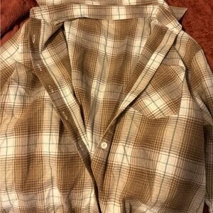 SHEIN women’s Tan and White Plaid Button Down Shirt